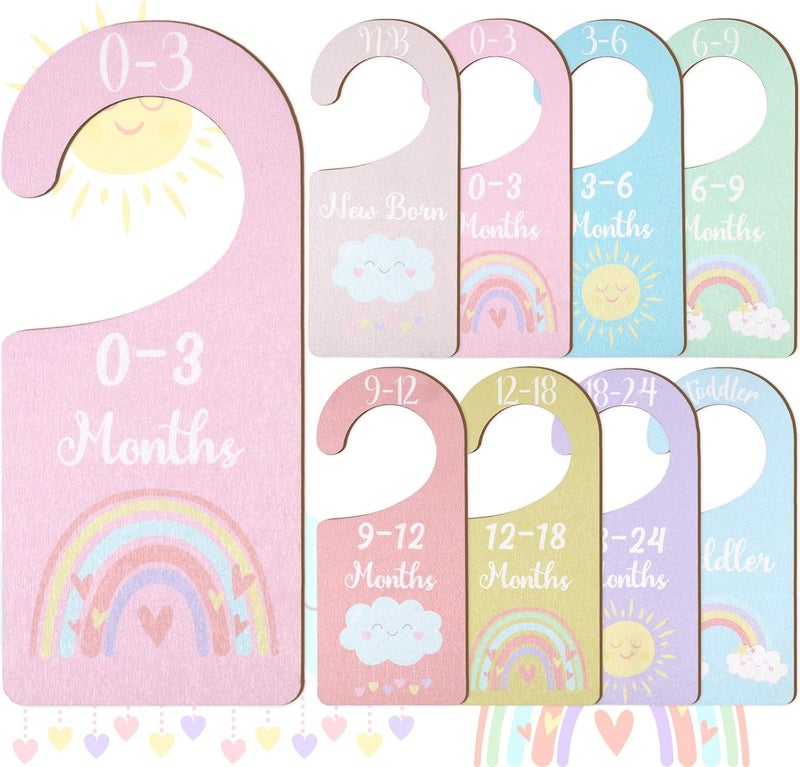 CORNER LACE Baby Closet Dividers 8PCS, Pastel Rainbow Theme Wooden Double-Sided Clothes Size Hanger Organizer from Newborn to Toddler for Nursery Decor Baby Shower Birthday Gift - Image 1